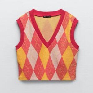 Zara pink, red and yellow argyle V-neck jacquard knit vest NWT